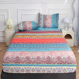 JC HOME Blue & Pink Floral Printed Fitted 140 TC Queen Bedsheet With 2 Pillow Covers-33