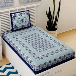 Aura Blue & White Ethnic Motifs 120 TC Single Bedsheet With Pillow Covers-image-79