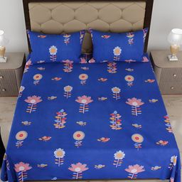 Comfowell Blue & Orange Floral Printed Cotton 210 TC King Bedsheet With 2 Pillow Covers-image-36