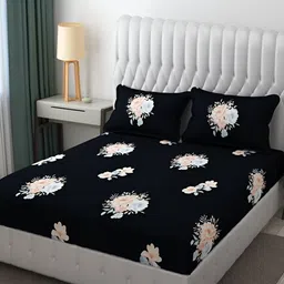 FINE TEX WORLD Black Geometric 210 TC Microfiber Fitted King Bedsheet With 2 Pillow Covers-image-99