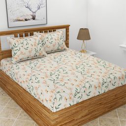 BREVARD Cream & Green Floral 210 TC Fitted Queen Bedsheet with 2 Pillow Covers-image-97