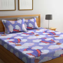 FABINALIV Purple & White Conversational 300 TC Fitted King Bedsheet with 2 Pillow Covers-image-116