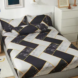 JC HOME White  Black Geometric 150 TC Fitted Single Bedsheet with 1 Pillow Cover-image-99