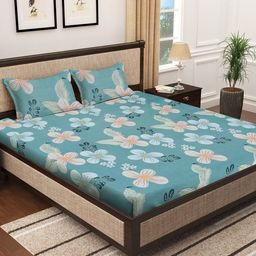 KLOTTHE Floral Printed 300TC Fitted Super King Double Bedsheet With 2 Pillow Covers-image-32