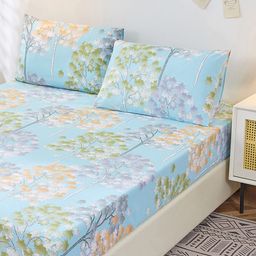 JC HOME Blue & Green Floral 200 TC Cotton Fitted King Bedsheet & Pillow Covers-picture-9