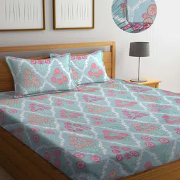 FABINALIV Blue & Pink Printed 300 TC Fitted King Bedsheet with 2 Pillow Covers-18