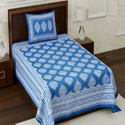 Aura Blue & White Ethnic Motifs 120 TC Pure Cotton Single Bedsheet with 1 Pillow Cover-image-129