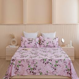 HOMEMONDE Pink & Green Floral Cotton 210 TC Single Bedsheet With 1 Pillow Cover-picture-16