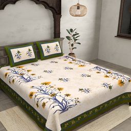 JAIPUR FABRIC White & Green Printed Cotton 144 TC King Bedsheet with 2 Pillow Covers-11