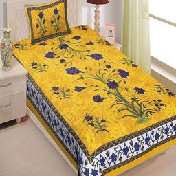 Aura Yellow & Blue Floral Cotton 120 TC Single Bedsheet with 2 Pillow Covers-image-86