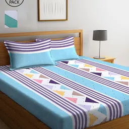 KLOTTHE Blue & White Striped 210 TC 2 King Bedsheet with 4 Pillow Covers-image-41
