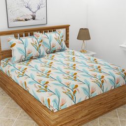 BREVARD Green & Blue Floral 210 TC Fitted Queen Bedsheet with 2 Pillow Covers-image-52