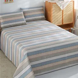 JC HOME Grey & Blue Striped 186 TC Pure Cotton King Bedsheet With 2 Pillow Covers-image-99