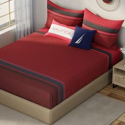 Nautica Red & Blue Striped Cotton Fitted 210 TC King Bedsheet With 2 Pillow Covers-image-22