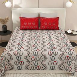 LIVING ROOTS Grey & Red Floral Pure Cotton 300 TC King Bedsheet with 2 Pillow Covers-image-30