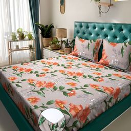 KLOTTHE Beige Printed 300 TC Fitted Double King Bedsheets & Pillow Covers-image-50