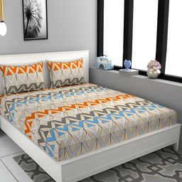 FINE TEX WORLD Peach Geometric 180 TC Microfiber Queen Bedsheet With 2 Pillow Covers-6
