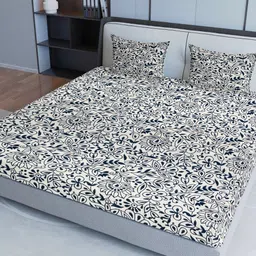 Sangria Blue Printed 200 GSM Pure Cotton Bedsheet With 2 Pillow Covers-picture-3
