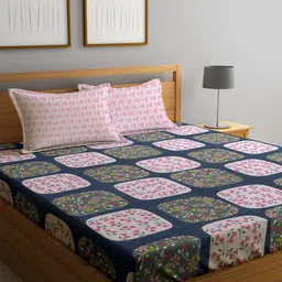 KLOTTHE Blue & Pink Floral Printed 300TC Fitted Double King Bedsheet With 2 Pillow Covers-picture-15