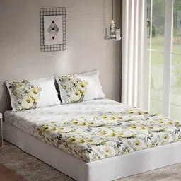 DDecor White & Yellow Floral 140 TC Cotton Queen Bedsheet with 2 Pillow Covers-image-79