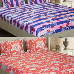 Aura Red & Blue Floral 144 TC 2 Queen Bedsheet with 4 Pillow Covers-image-20