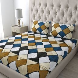 Aura White & Blue Geometric Printed 250 TC Double Queen Bedsheet with 2 Pillow Covers-image-52