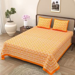 Varde All Seasons Orange & White Printed Cotton 210 TC King Bedsheet with 2 Pillow Covers-image-50