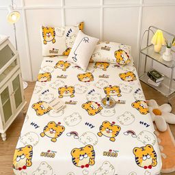 JC HOME Cream-Coloured & Yellow Printed 150 TC Fitted Single Bedsheet & Pillow Cover-image-95