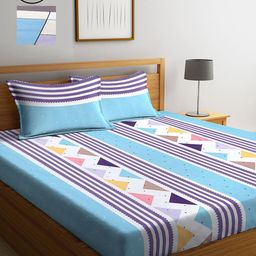 KLOTTHE Blue & Yellow Striped 210 TC 2 King Bedsheet with 4 Pillow Covers-image-12
