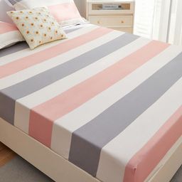 JC HOME Cream & Pink Striped 160 TC Fitted King Bedsheet with 2 Pillow Covers-image-24