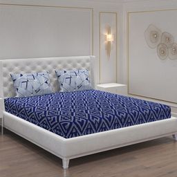 Moca By Monte Carlo Sferra Blue Geometric Cotton 144 TC Queen Bedsheet & 2 Pillow Covers-44