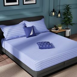 Nautica Blue Striped Pure Cotton 150 TC King Bedsheet With 2 Pillow Covers-image-70
