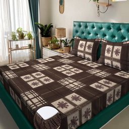 KLOTTHE Brown Printed 300 TC Double King Fitted Bedsheet With 2 Pillow Covers-image-70