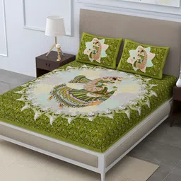 POORAK Green & Orange Ethnic Motifs 104 TC Queen Bedsheet with 2 Pillow Covers-image-24