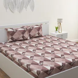 HERE&NOW Brown & White Geometric Cotton 120 TC Queen Bedsheet With 2 Pillow Covers-49