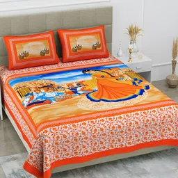 POORAK Orange & Blue Ethnic Motifs 104 TC Queen Bedsheet with 2 Pillow Covers-image-18