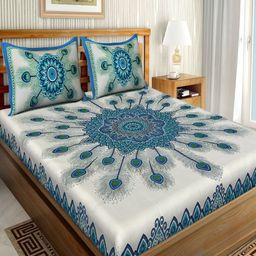 UNIQCHOICE Blue & White Printed Cotton 120 TC Queen Bedsheet With 2 Pillow Covers-image-72