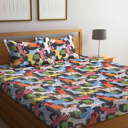 KLOTTHE Brown & Red Cartoon Printed 300 TC Fitted Double Bedsheet With 2 Pillow Covers-image-99