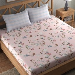 CHHAVI INDIA Pink & Grey Floral Printed 210 TC Flat King Bedsheet With 2 Pillow Covers-image-10