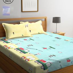 KLOTTHE Blue & Yellow Cartoon Characters 210 TC 2 King Bedsheet with 4 Pillow Covers-image-58