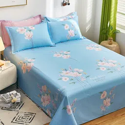 JC HOME Blue & Pink Floral 186 TC Cotton Single Bedsheet with 2 Pillow Covers-image-19