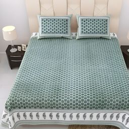 Comfowell Green & Grey Floral Printed Cotton 244 TC King Bedsheet With 2 Pillow Covers-image-41
