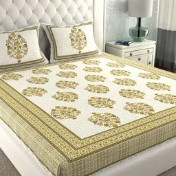 LA VERNE White & Green Floral 140 TC Cotton King Bedsheet With 2 Pillow Covers-image-65