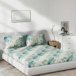 DDecor Off White & Turquoise Blue Floral 140 TC Cotton Queen Bedsheet With 2 Pillow Covers-picture-24