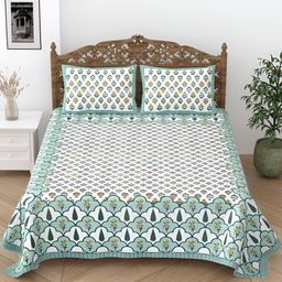 Comfowell Green & White Floral King Bedsheet with 2 Pillow Covers-image-28