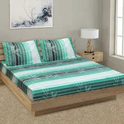 Aura Green & Grey Striped 144 TC Queen Bedsheet with 2 Pillow Covers-39