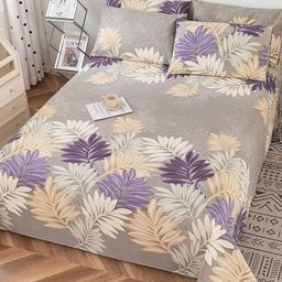 JC HOME Grey & Purple Floral Printed 220 TC Cotton Queen Bedsheet & Pillow Covers-picture-5