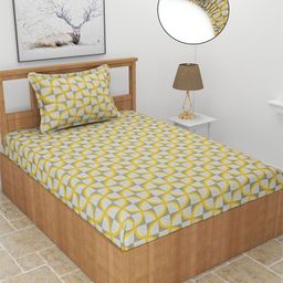 MORADO Yellow & Grey Geometric 210 TC Fitted Single Bedsheet With 1 Pillow Covers-image-43