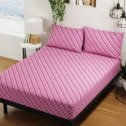 BIANCA Pink & Purple Checked Pure Cotton 144 TC Queen Bedsheet with 2 Pillow Covers-picture-32
