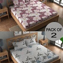 CHHAVI INDIA Purple & Grey Floral 210 TC 2 Queen Bedsheet with 4 Pillow Covers-image-67